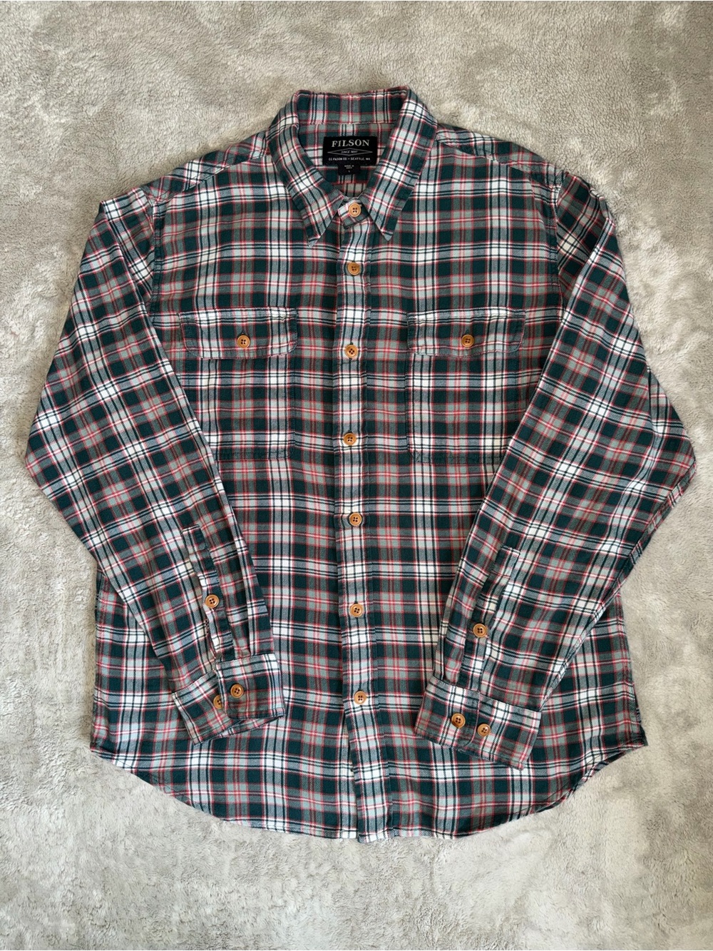 Filson Scout Plaid Button Up Flannel Long Sleeve  Shirt Size Men's Large Green